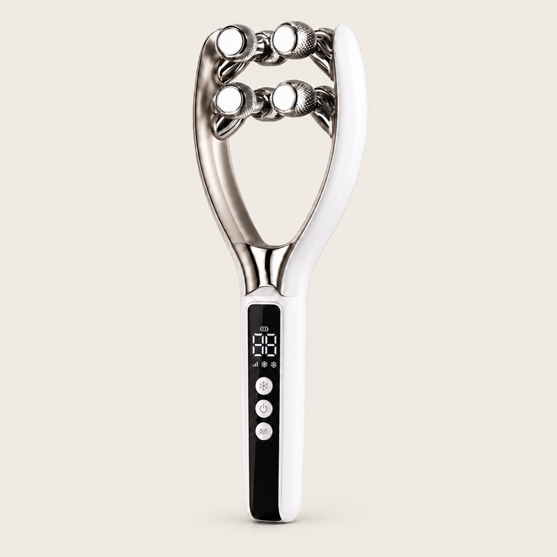 White electric facial roller with textured silver-tone rollers and a digital display on a plain ivory background