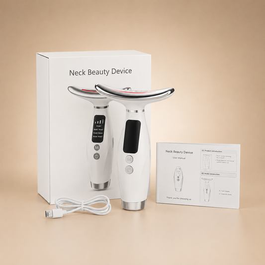 Luxury packaging of anti-aging LED light therapy device for neck and jawline sculpting.