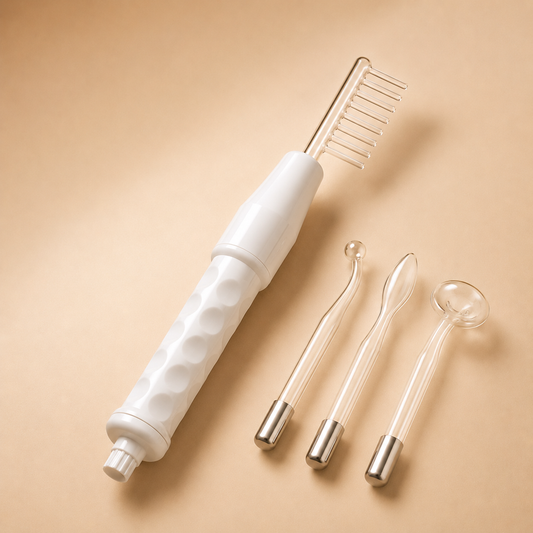 Elegant woman performing a lifting and clarifying facial ritual using a high-frequency wand.