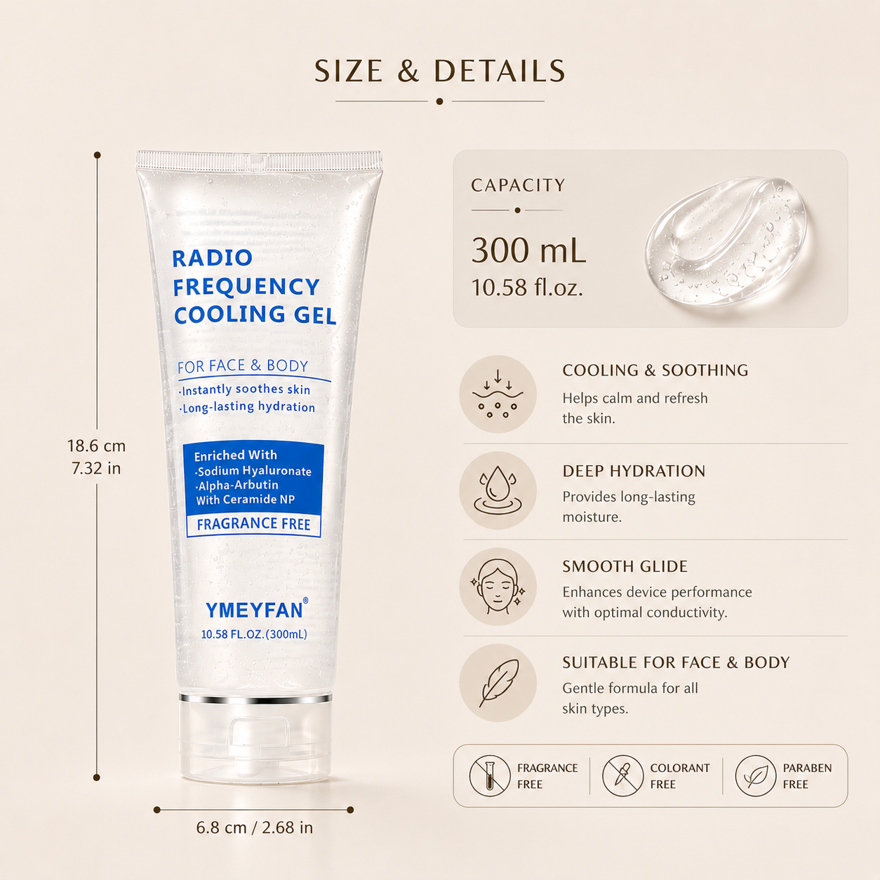 Product dimensions and specifications chart for the 300ml / 10.58 fl. oz. cooling gel, highlighting clean beauty safety standards.