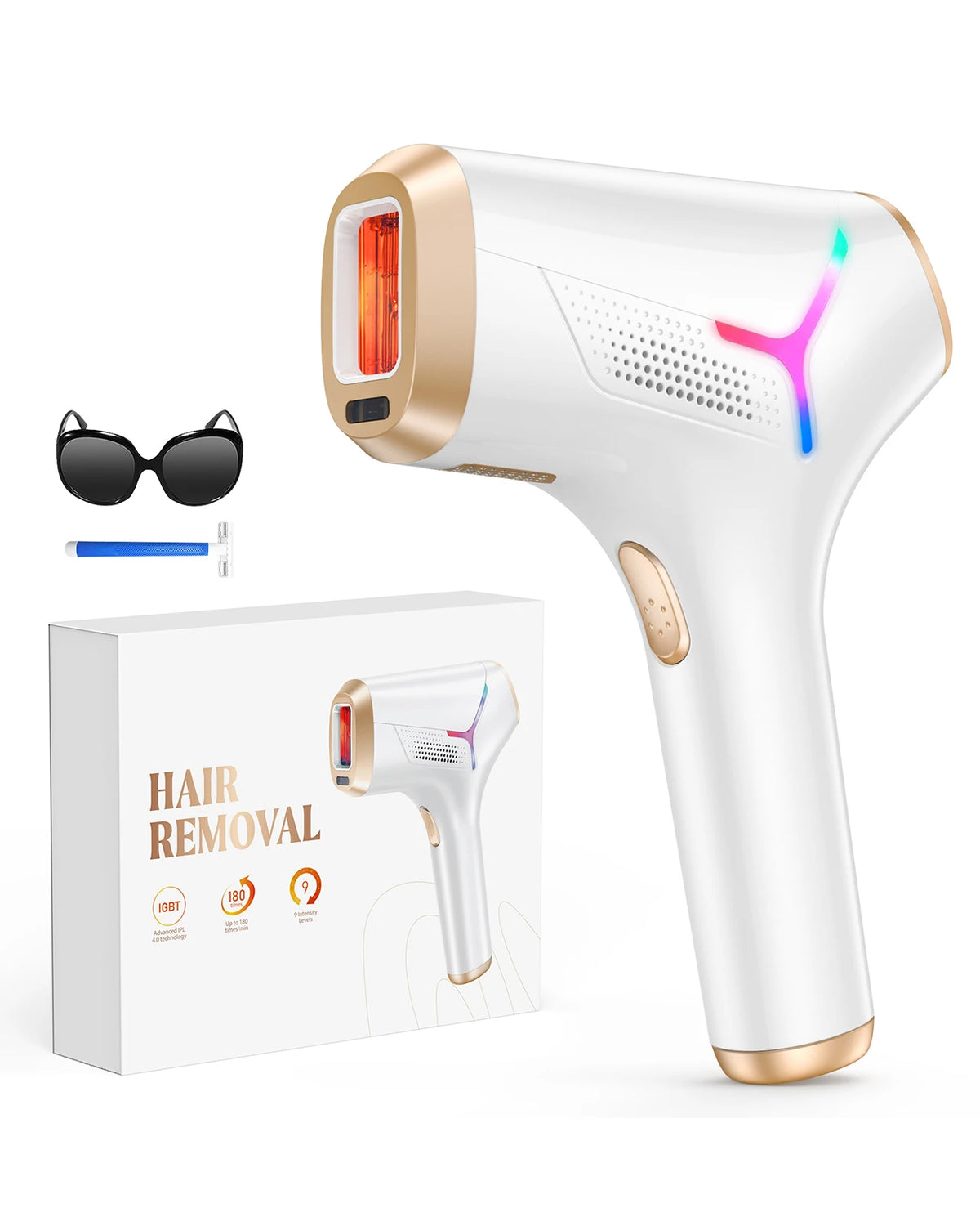 White and gold-toned IPL hair removal device with US plug option, pictured with retail packaging and accessories