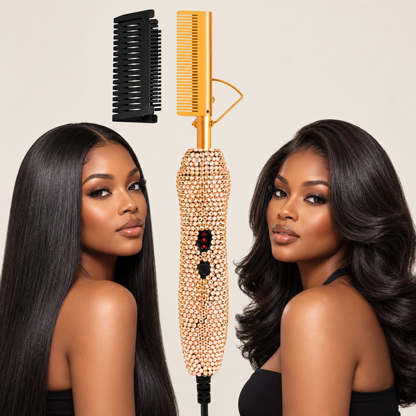 Gold bling electric hot comb with detachable black guard and two Black women wearing sleek and wavy hairstyles