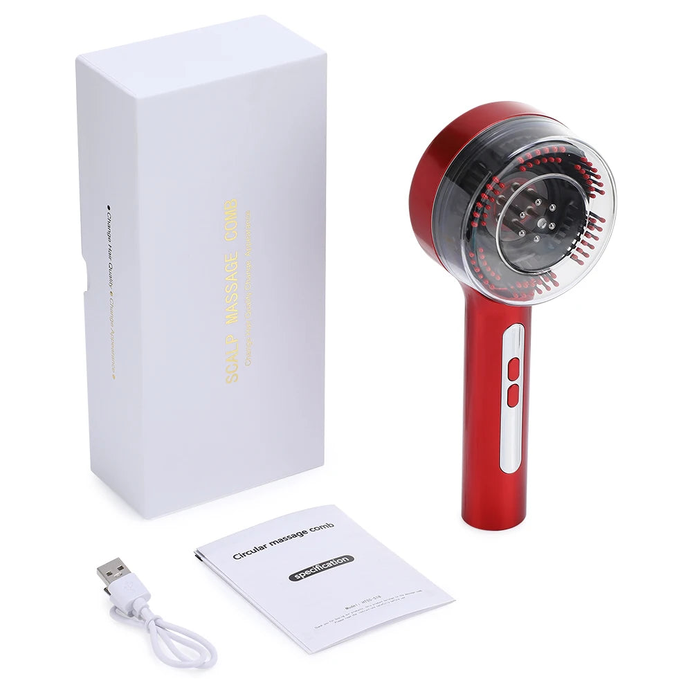 Red S18 scalp massage brush with protective cover, USB cable, instruction manual and packaging