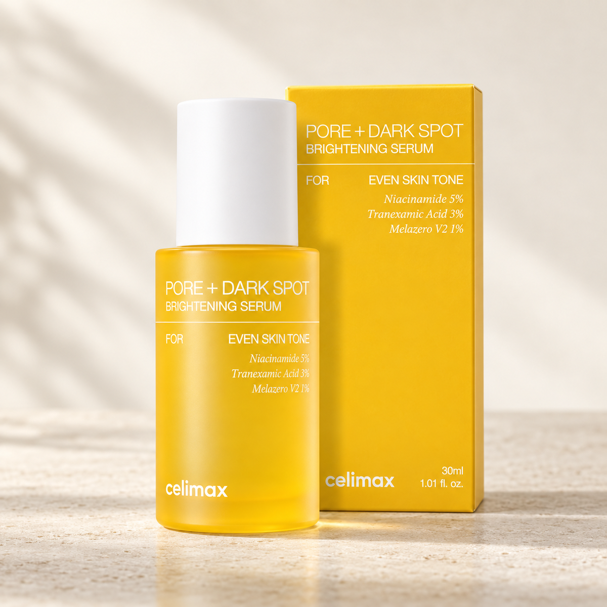 Celimax Pore + Dark Spot Brightening Serum 30 mL yellow bottle and box