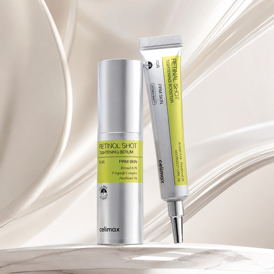 Celimax Booster and Serum ritual set displayed together on a premium cream and marble-inspired background.