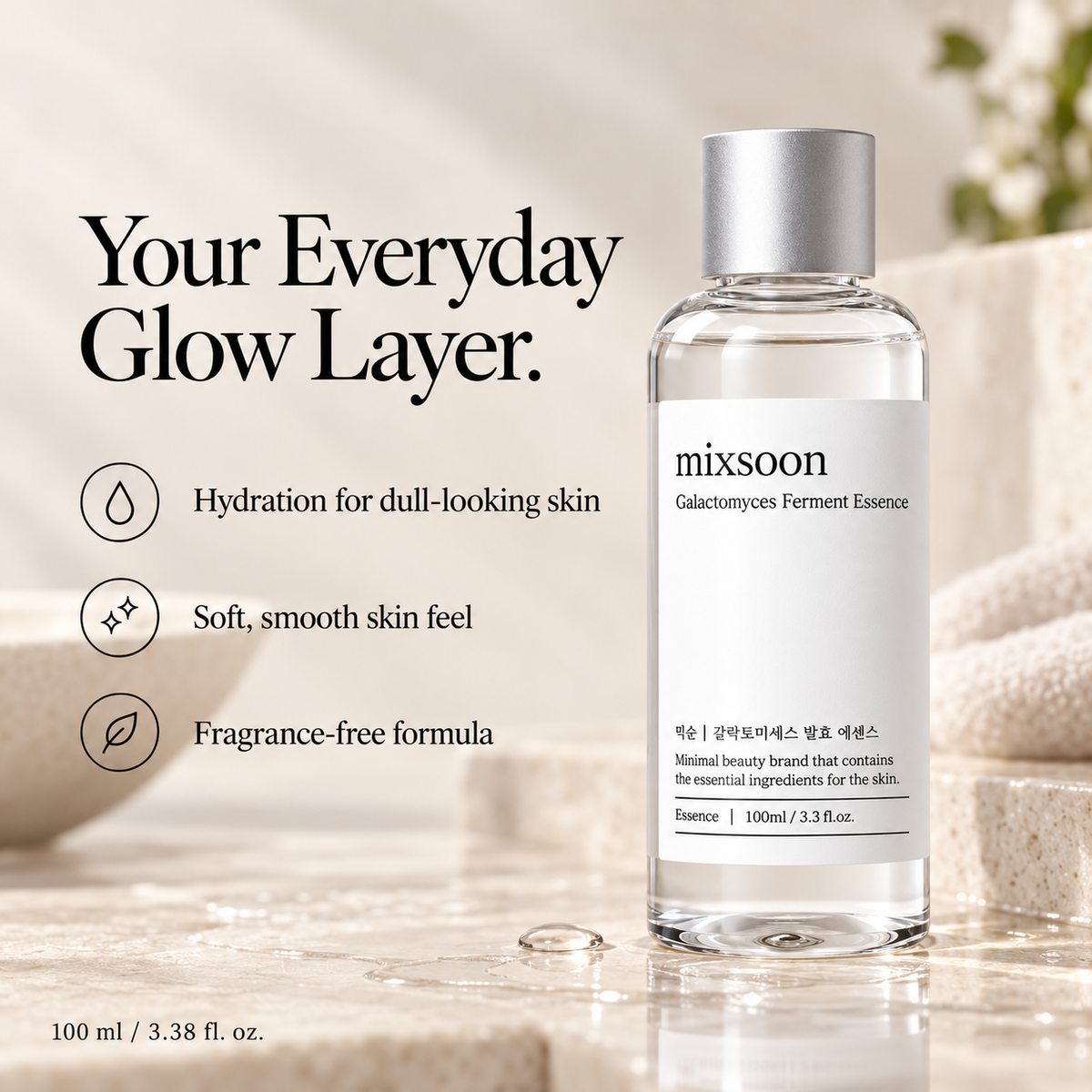 Mixsoon Galactomyces Essence benefits: hydration, soft skin feel and fragrance-free care