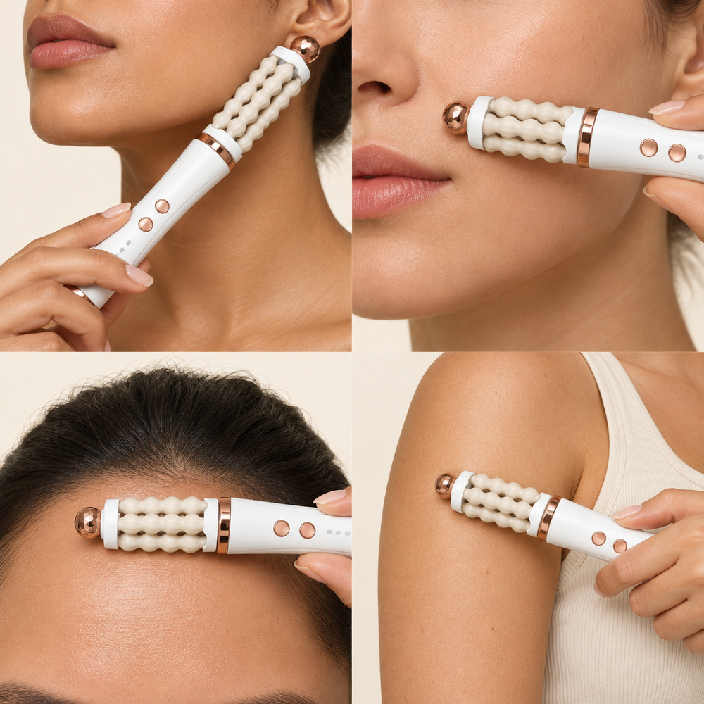 Facial roller application illustrations showing jawline, cheek, forehead and outer upper arm