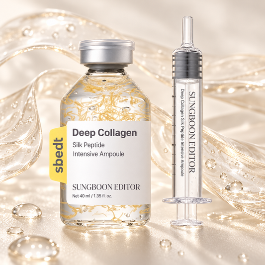 SUNGBOON EDITOR Deep Collagen Silk Peptide Intensive Ampoule 40 ml — bottle and applicator with golden gel ribbons