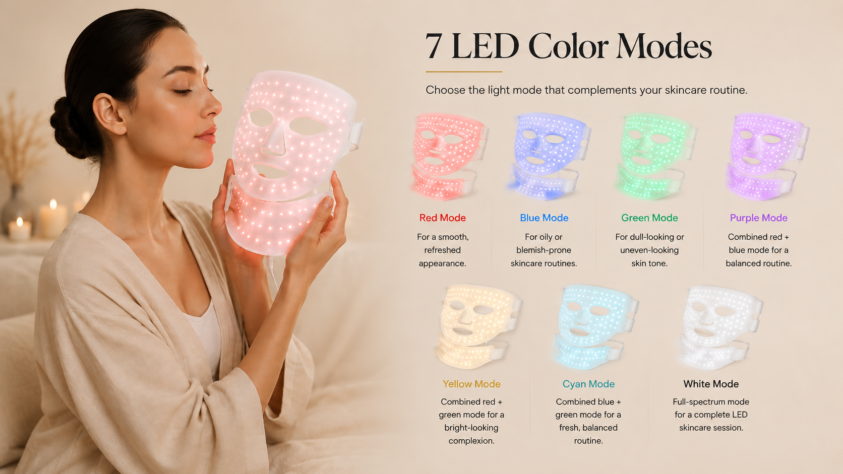 Seven LED color modes for the Wireless LED Face and Neck Mask shown in a premium skincare layout.