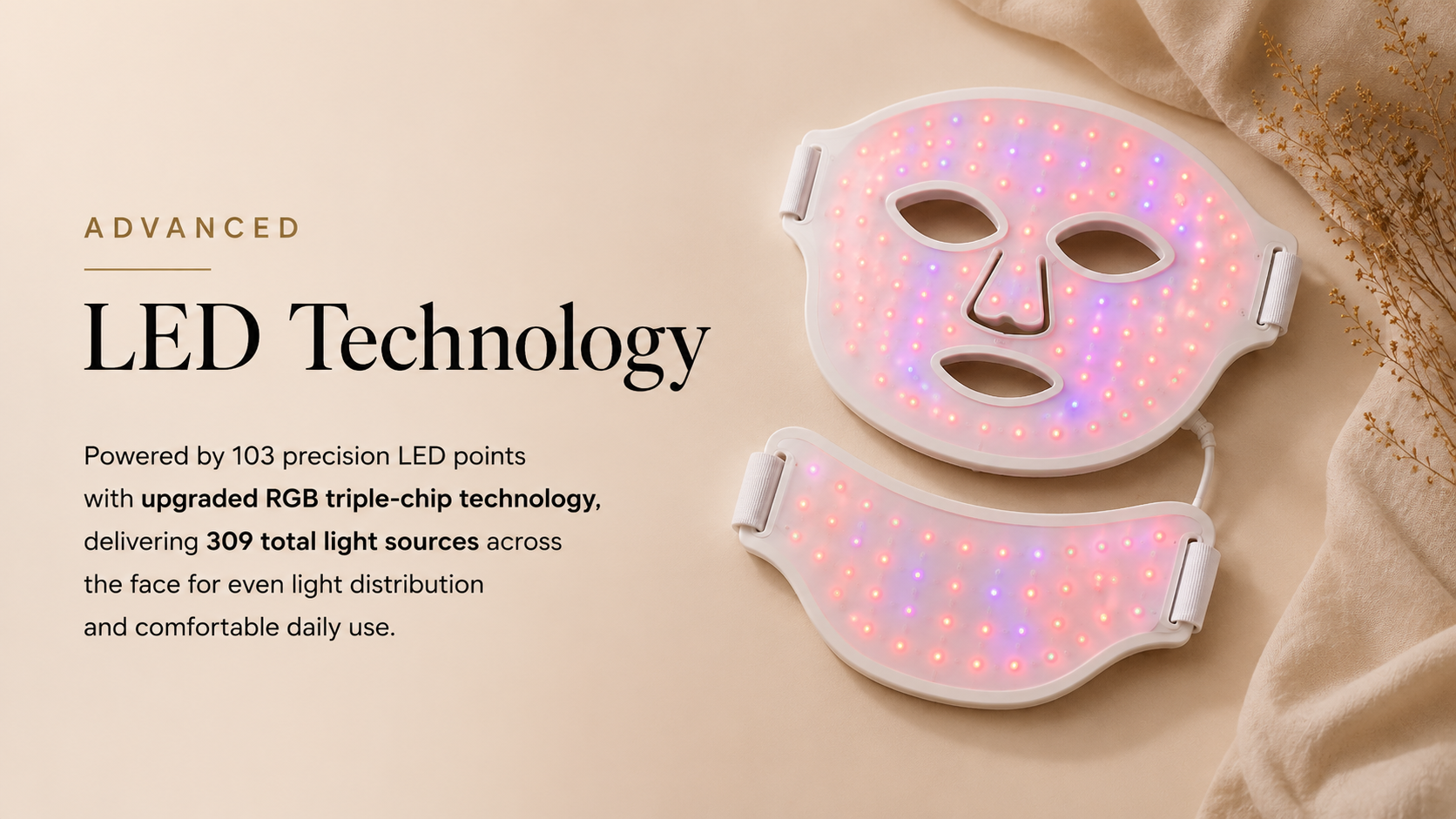 Close-up of the Wireless LED Face and Neck Mask showing illuminated LED points and separate neck panel.