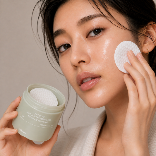 Woman applying Ji Woo Gae Heartleaf BHA Peeling Pad to her cheek, holding the jar