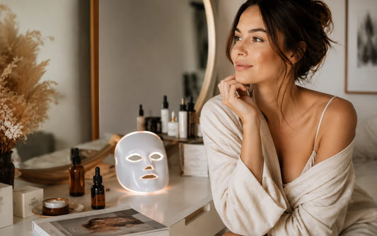 Woman seated at a vanity beside an LED face mask during a calm at-home beauty ritual