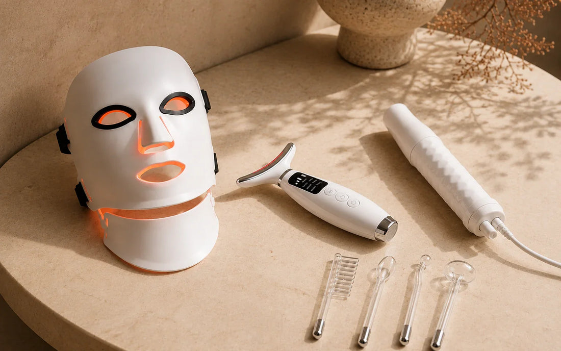 LED face mask, radio frequency device, and high-frequency wand arranged on a warm stone vanity