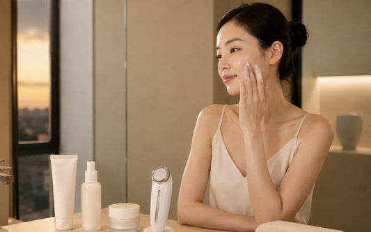 Woman applying skincare beside a facial device and a few essential products