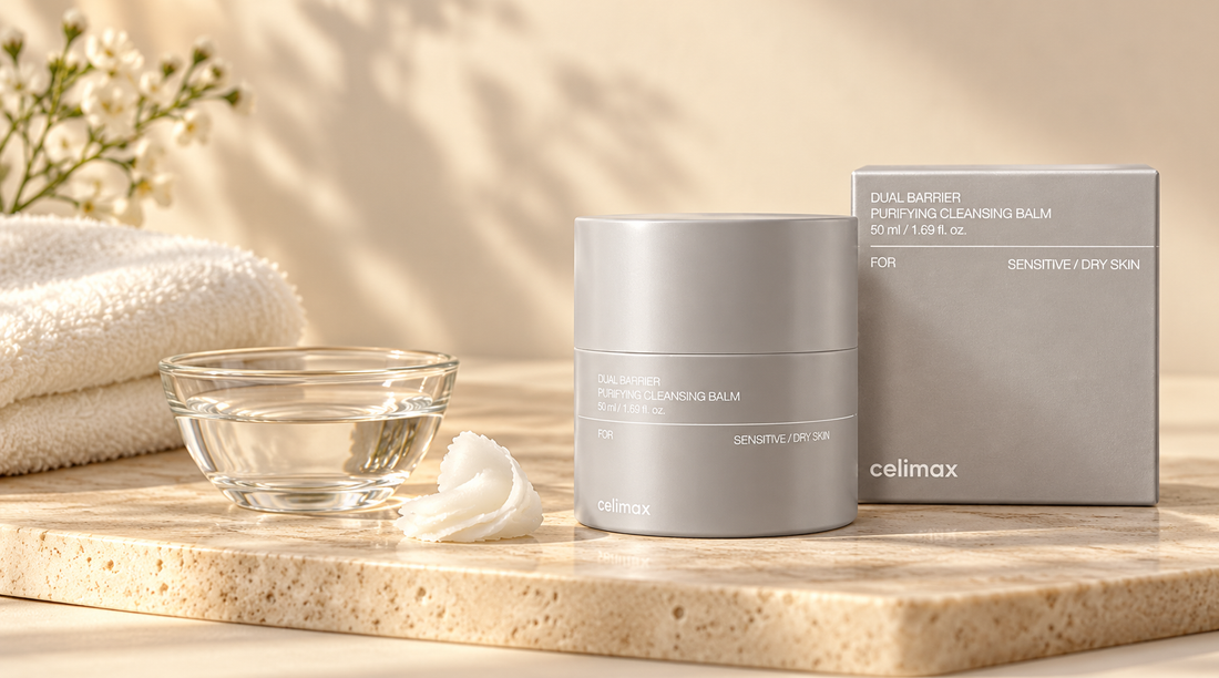 Celimax Dual Barrier cleansing balm beside a towel and water bowl for an evening cleansing routine