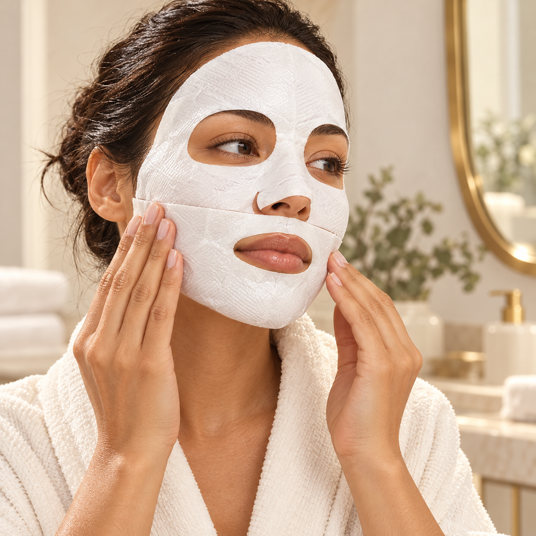 Illustration of a two-piece cream sheet mask being smoothed onto the face