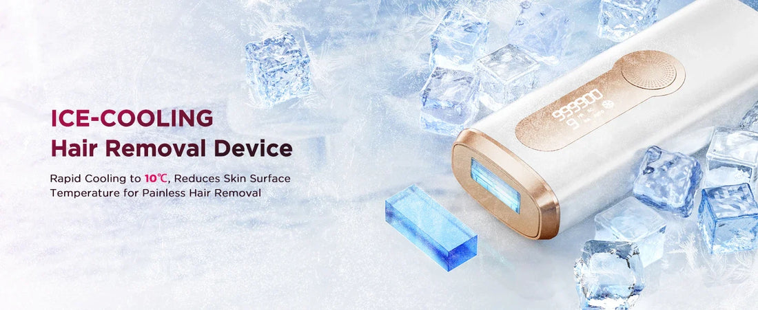 Gold ice-cooling IPL hair removal device on the supplier blue ice banner