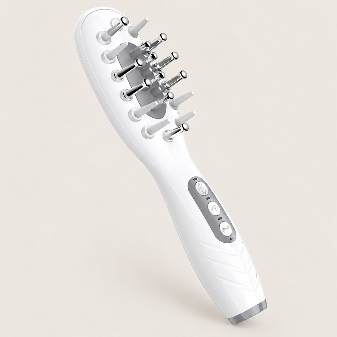 White EMS LED scalp massage comb on Healthy Beauty’s warm beige background