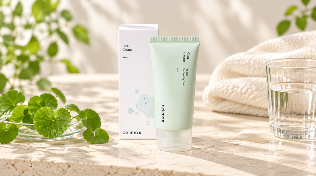 Celimax Cica Soothing Cream 50 ml tube and carton with centella leaves