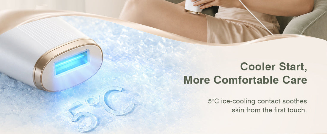 Ice-cooling contact surface of the white and champagne-gold IPL device, shown on the supplier cooling banner