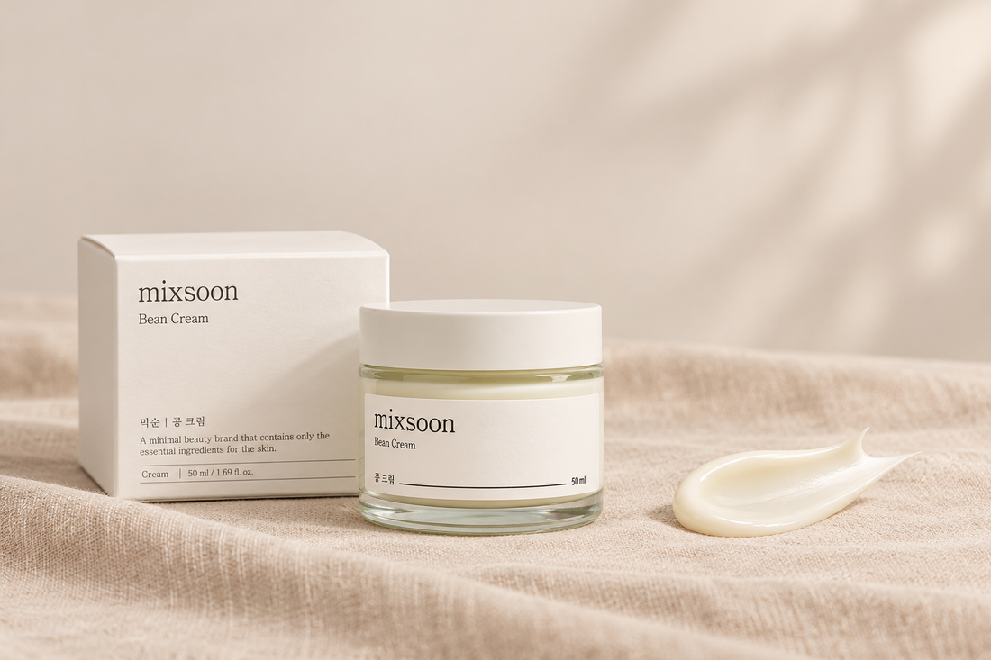 Mixsoon Bean Cream jar and white carton with a cream smear