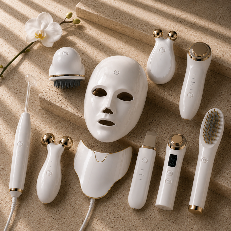 7-Color LED Neck & Face Rejuvenation Device on a soft beige background — Healthy Beauty Facial Devices collection