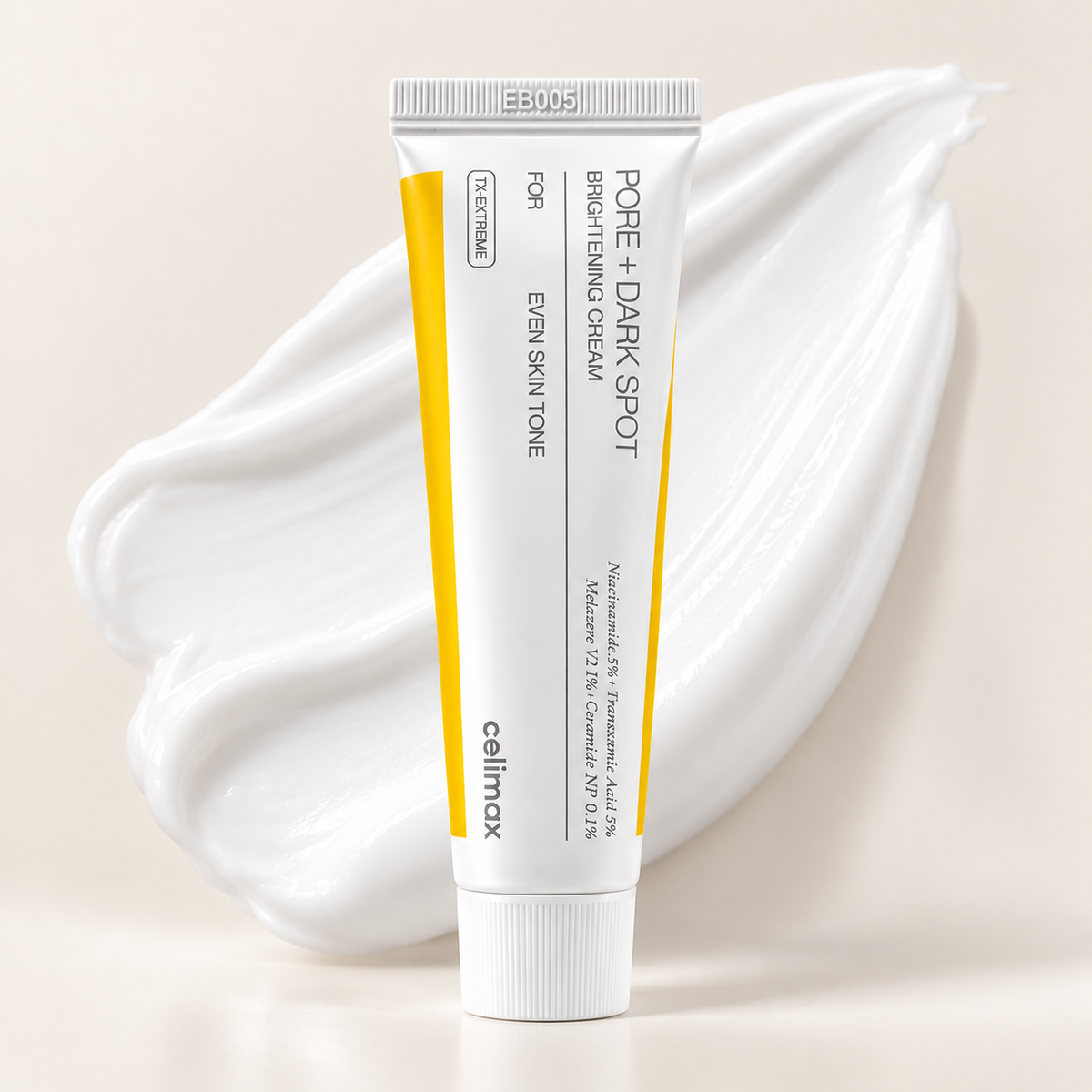 Celimax Pore + Dark Spot Brightening Cream 35ml tube with an ivory cream texture
