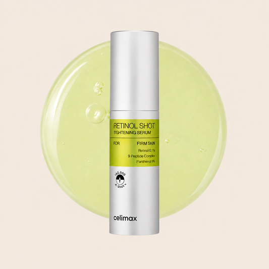Front view of the Celimax Retinol Shot Tightening Serum 30mL pump bottle with retinol and 9-peptide complex labeling