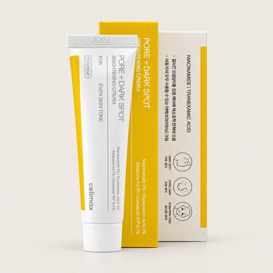 Celimax Pore + Dark Spot Brightening Cream tube with yellow and white packaging