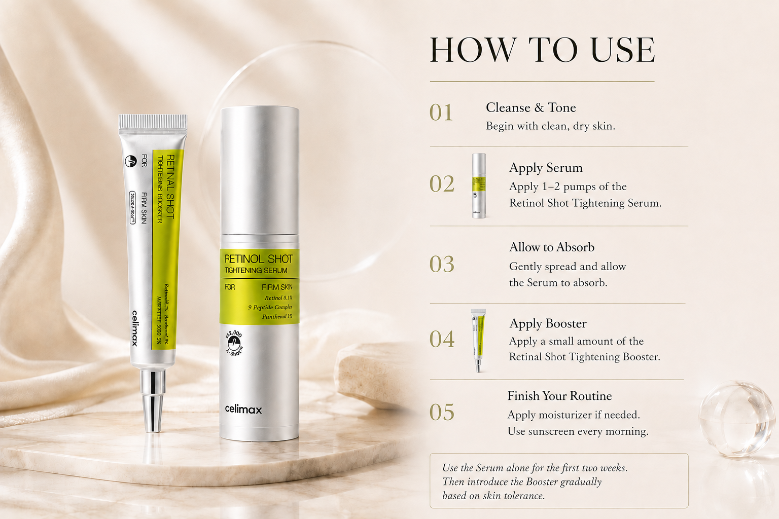 Celimax evening routine: apply Retinol Shot Tightening Serum first, then Retinal Shot Tightening Booster, followed by moisturizer and morning sunscreen.