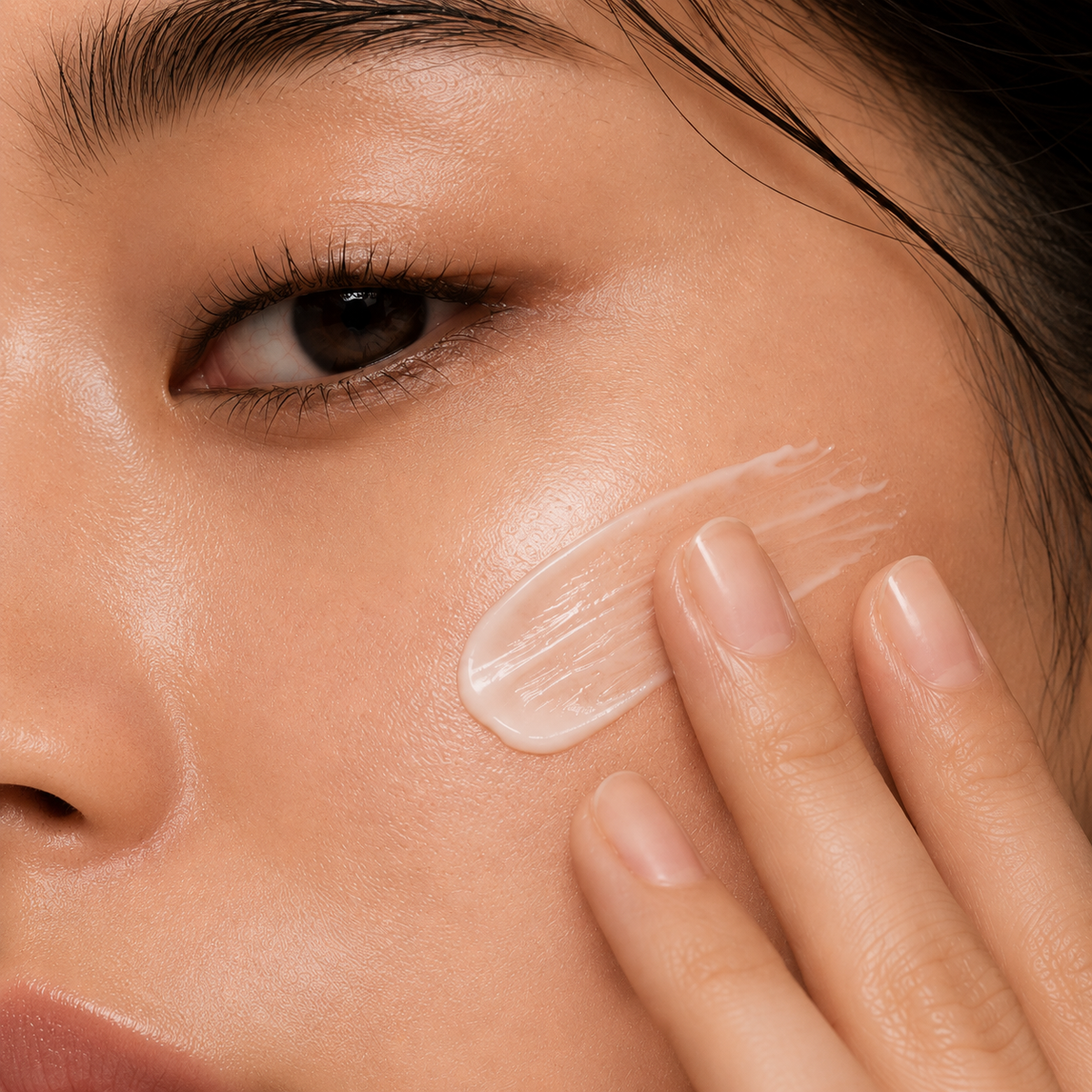 Macro close-up of Celimax Oil Control Moisturizing Cream being applied to the cheek