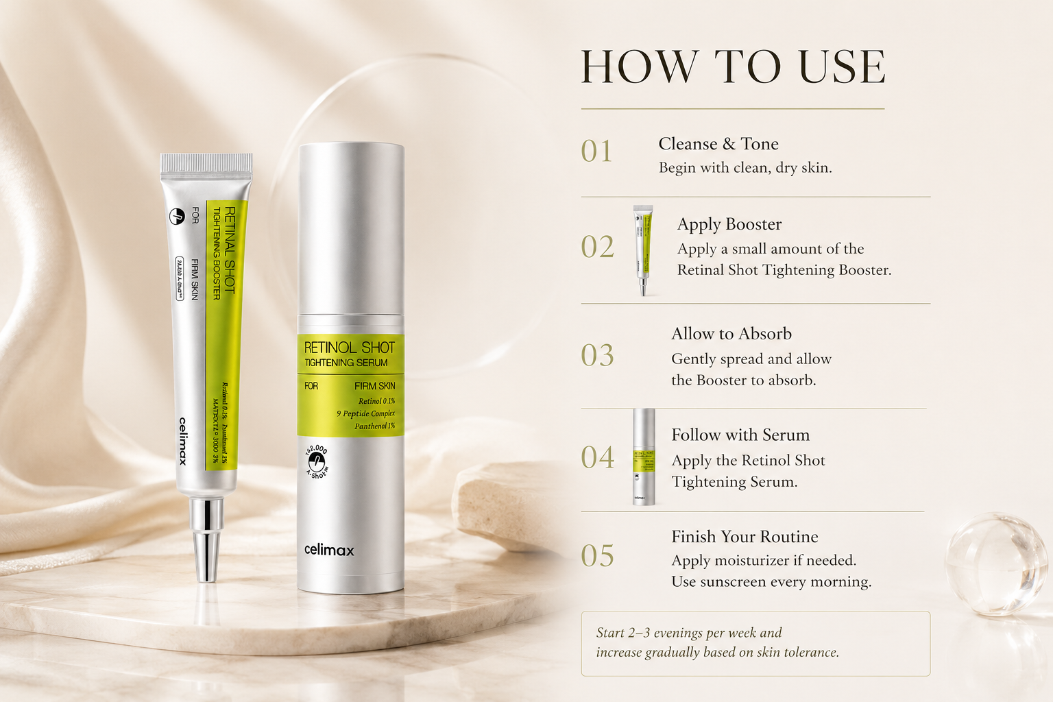 Celimax two-step evening ritual how-to-use guide with five numbered steps for applying the Retinal Shot Tightening Booster and Retinol Shot Tightening Serum.