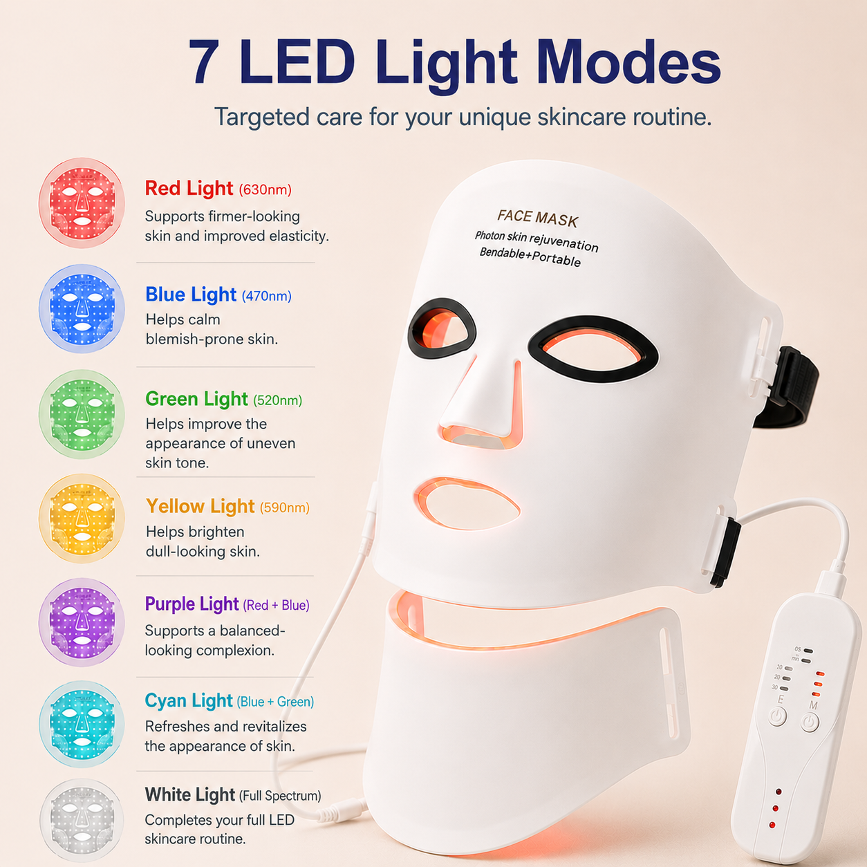 Wireless LED Face and Neck Mask showing seven LED color modes for at-home skincare routines.