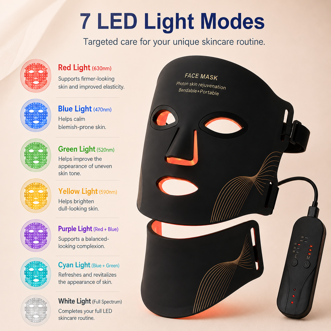 Wireless LED Face and Neck Mask kit components arranged on a warm neutral background.