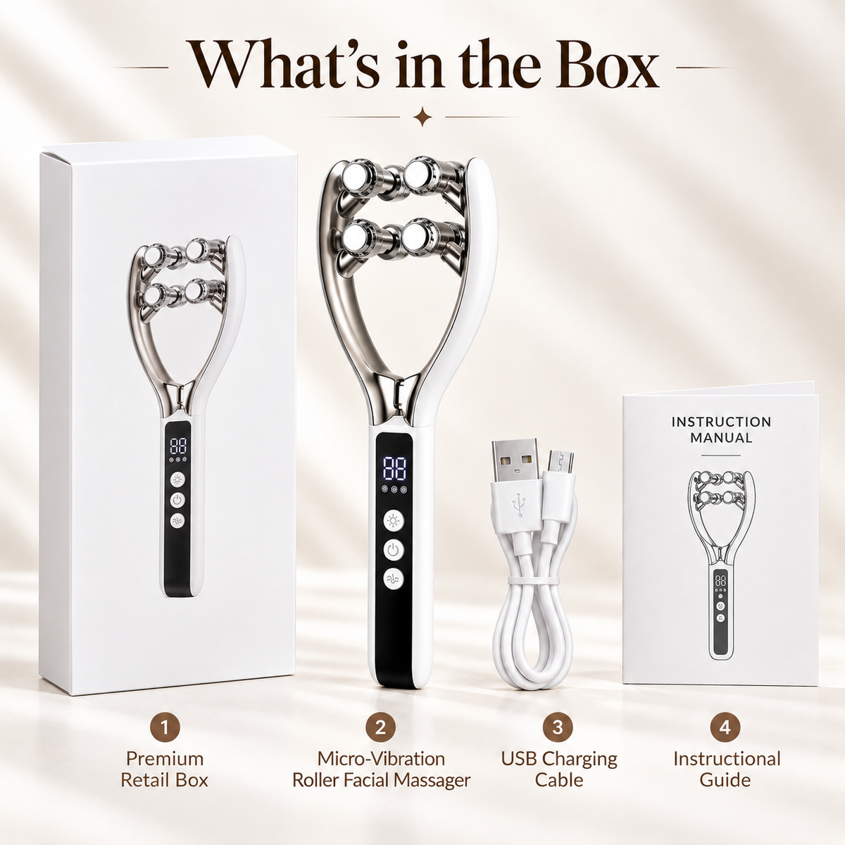 Facial roller set with USB charging cable, English instruction guide and retail box