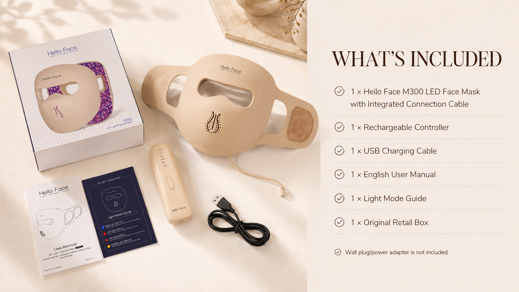 What is included with the Hello Face M300 LED face mask