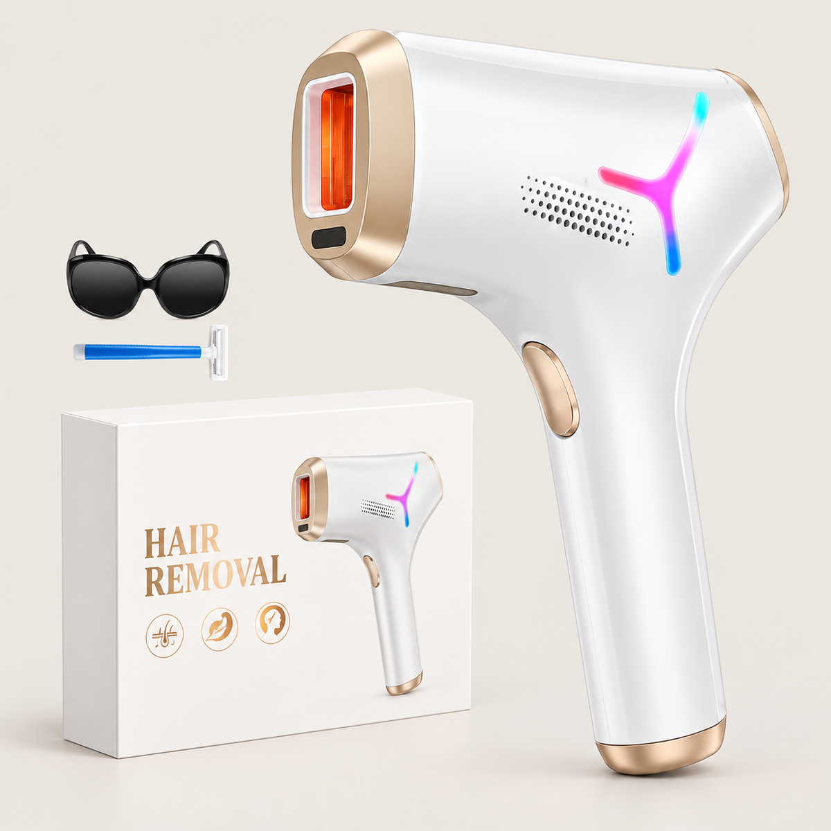 White and gold IPL hair removal device with retail box, glasses and razor