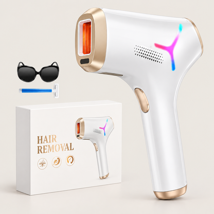 White and gold IPL hair removal device with retail box, glasses and razor