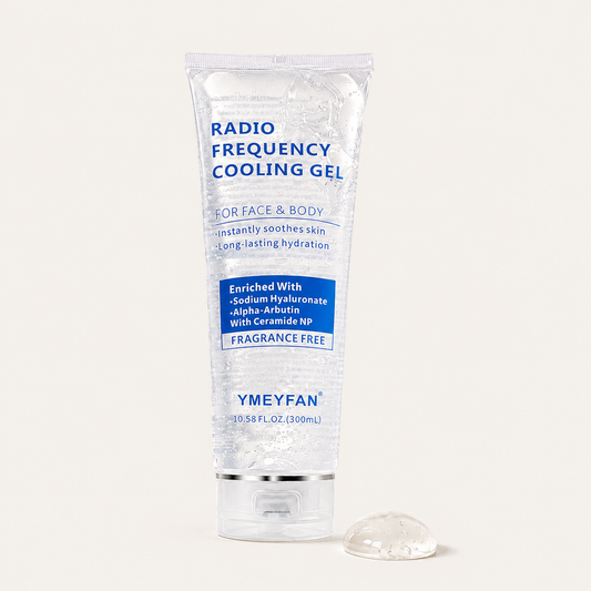 Premium 300ml Radio Frequency Cooling Gel tube on a minimalist beige background with a clear gel drop in front.