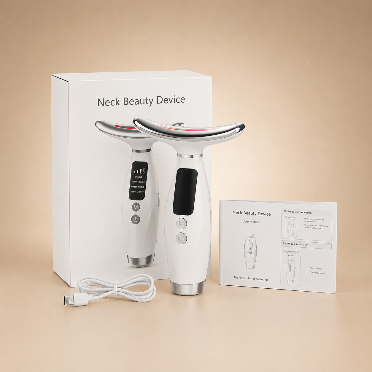 Luxury packaging of anti-aging LED light therapy device for neck and jawline sculpting.