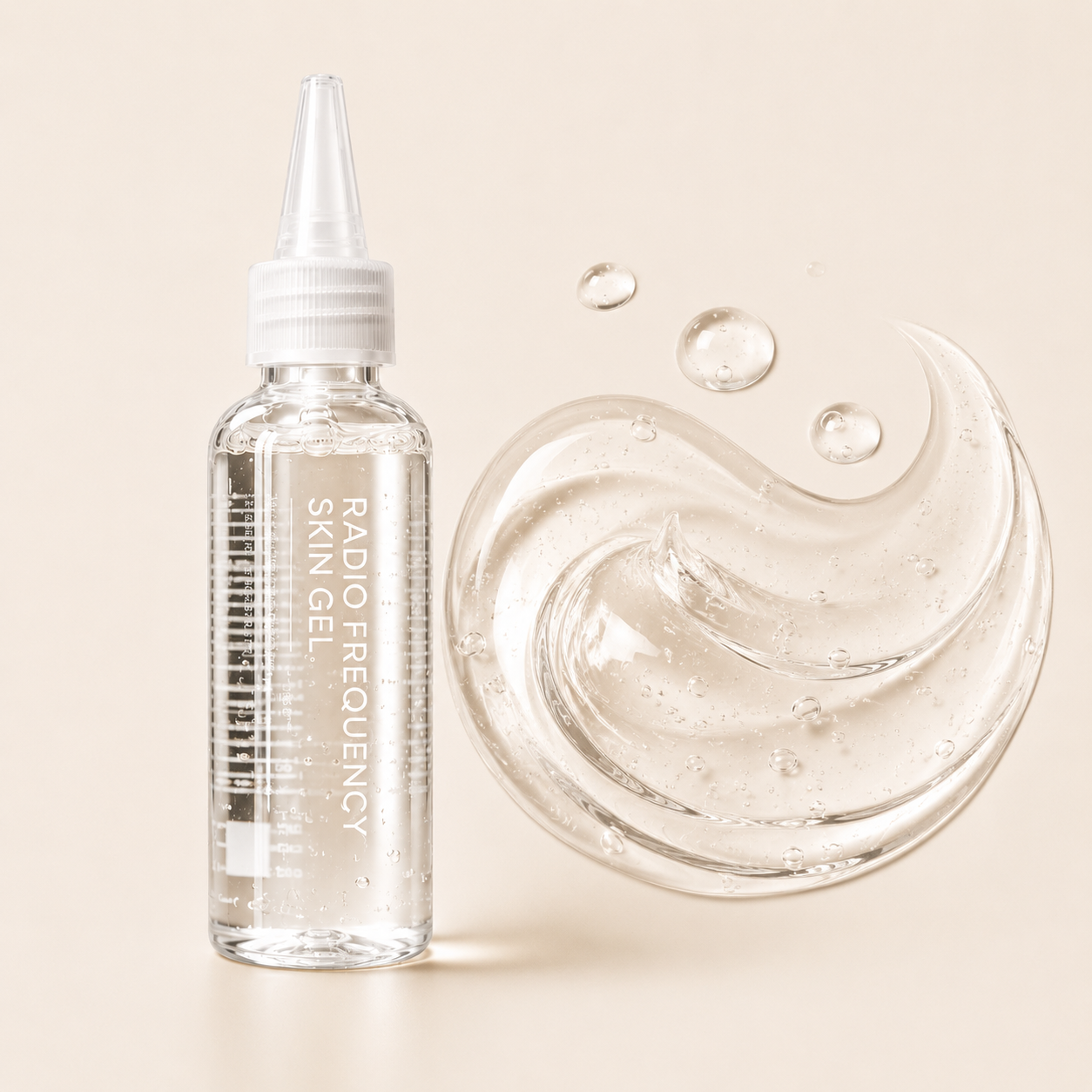 Water-based RF skin gel texture swatch — clear, lightweight, and residue-free.