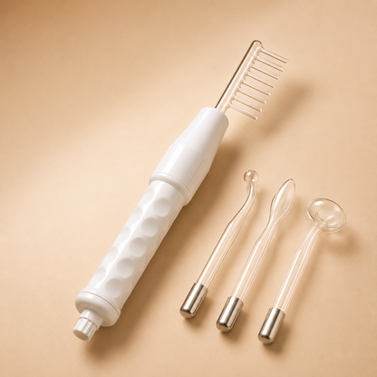 Elegant woman performing a lifting and clarifying facial ritual using a high-frequency wand.