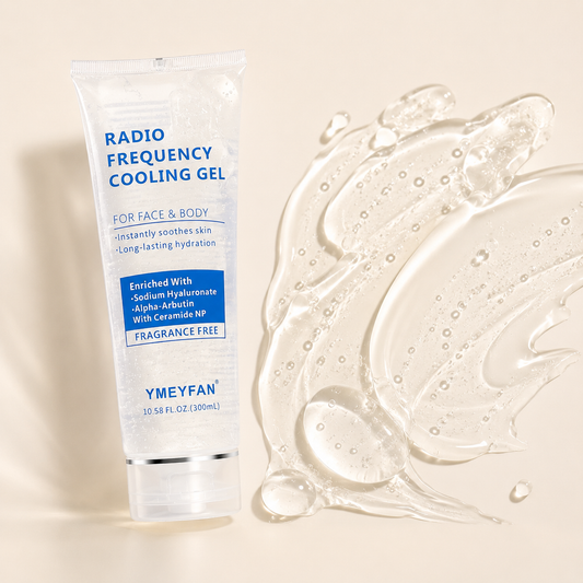Luxury conductive gel primer tube lying on a rich, transparent gel texture with micro-bubbles on a soft beige background.
