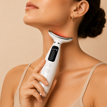 Elegant woman using white LED neck toning device for radiant and lifted appearance.