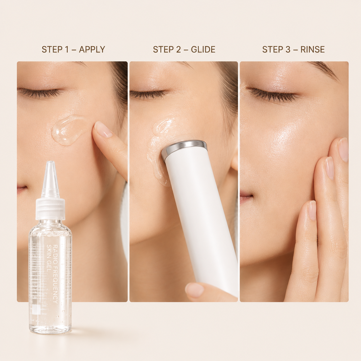 Three-step application guide — apply, glide with device, rinse — for Radio Frequency Hydrating Skin Gel.