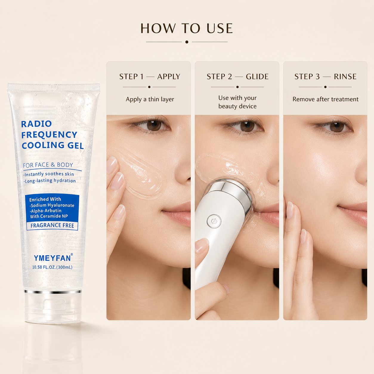 Advanced skincare ingredients infographic showing Sodium Hyaluronate, Glycerin, Ceramide NP, Bifida Ferment Lysate, and Alpha-Arbutin inside crystal spheres.