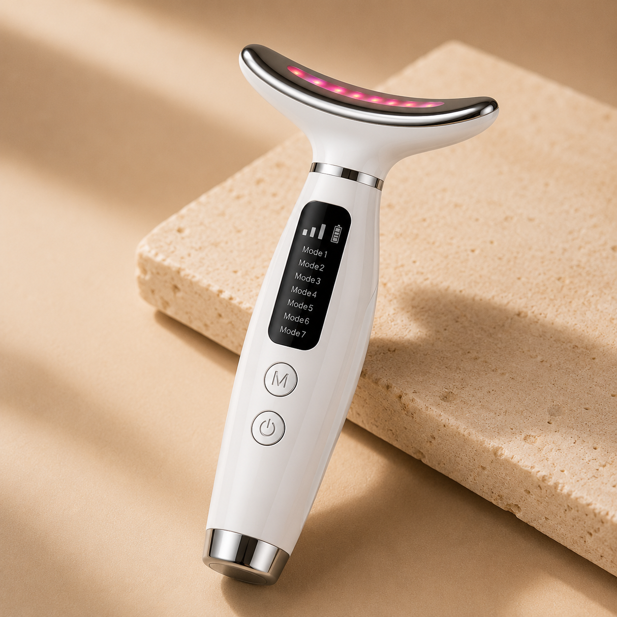 Step-by-step skincare routine guide for using LED phototherapy device with face serum.