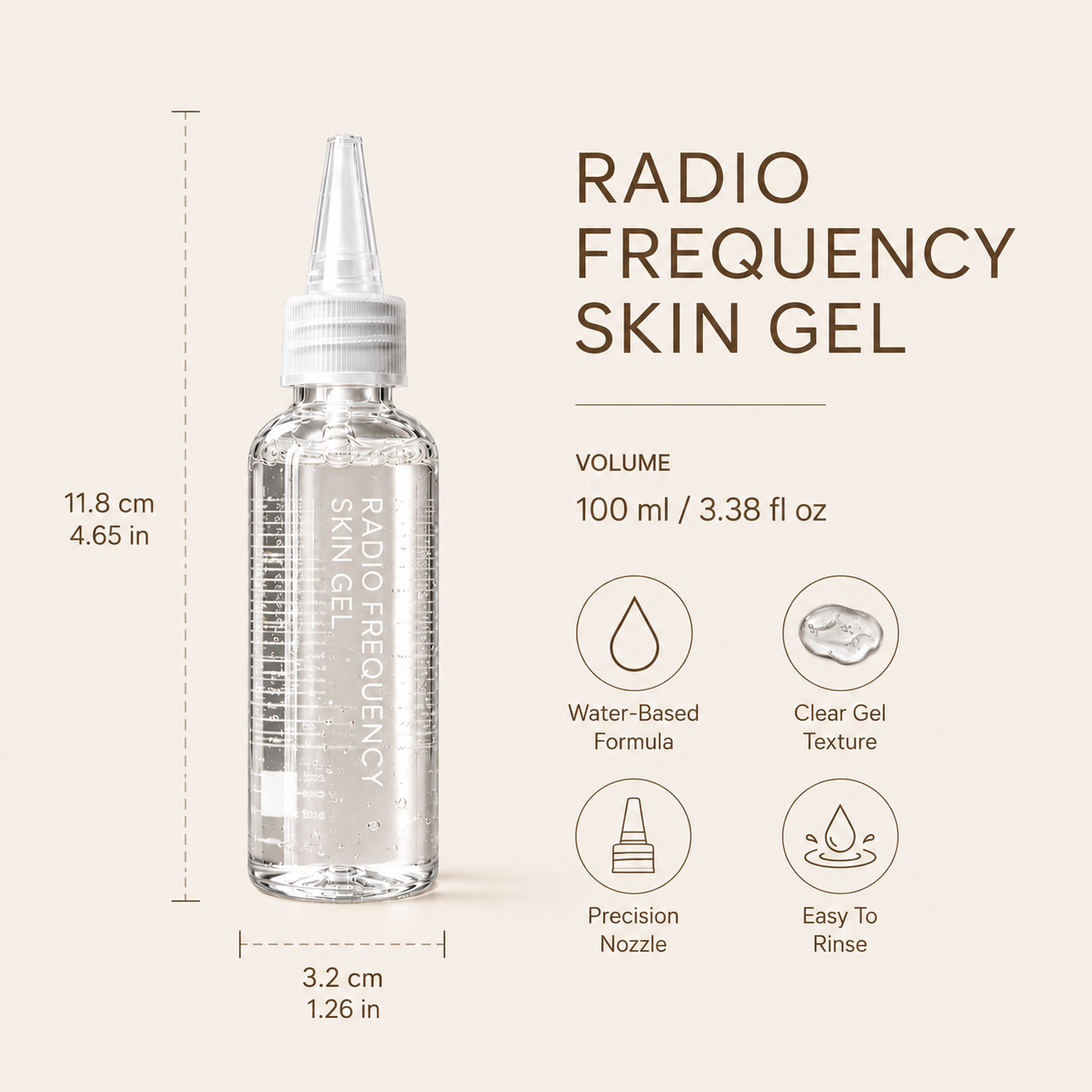 Radio Frequency Skin Gel 100ml precision nozzle dimensions and water-based formula highlights.