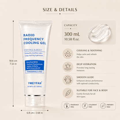 Product dimensions and specifications chart for the 300ml / 10.58 fl. oz. cooling gel, highlighting clean beauty safety standards.