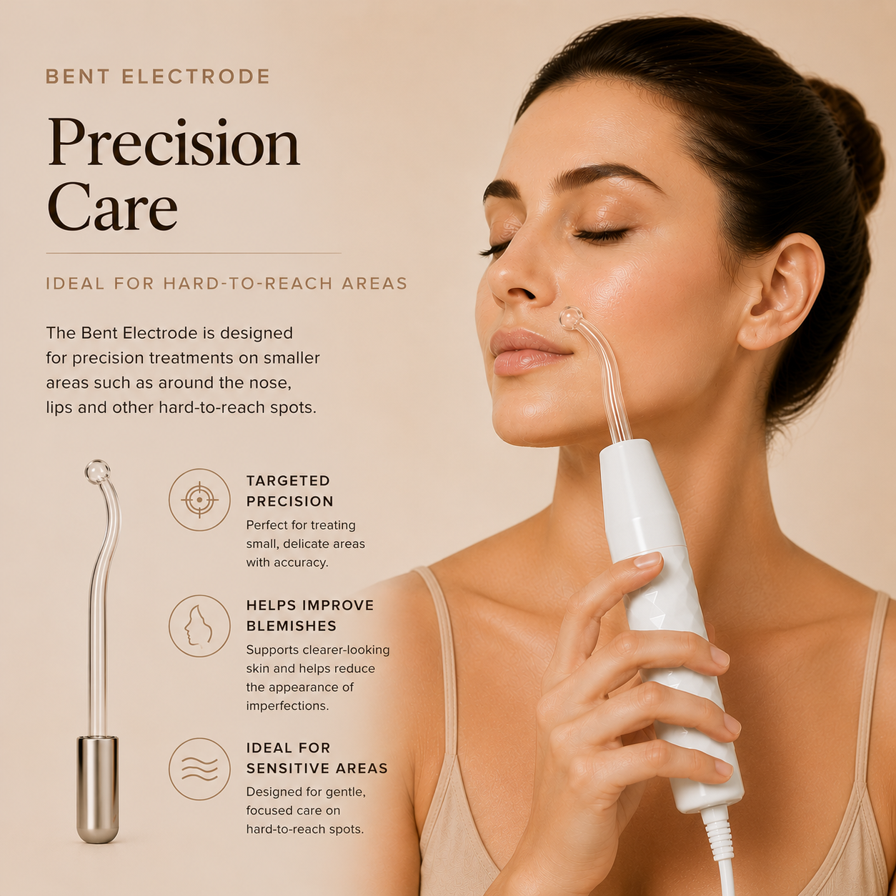 Glass high-frequency wand electrode emitting violet argon glow during facial treatment